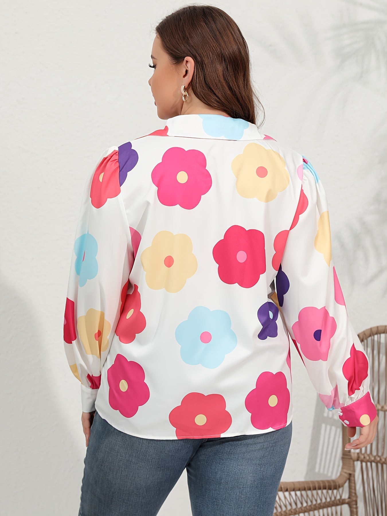  Floral Button Up Lantern Sleeve Blouse