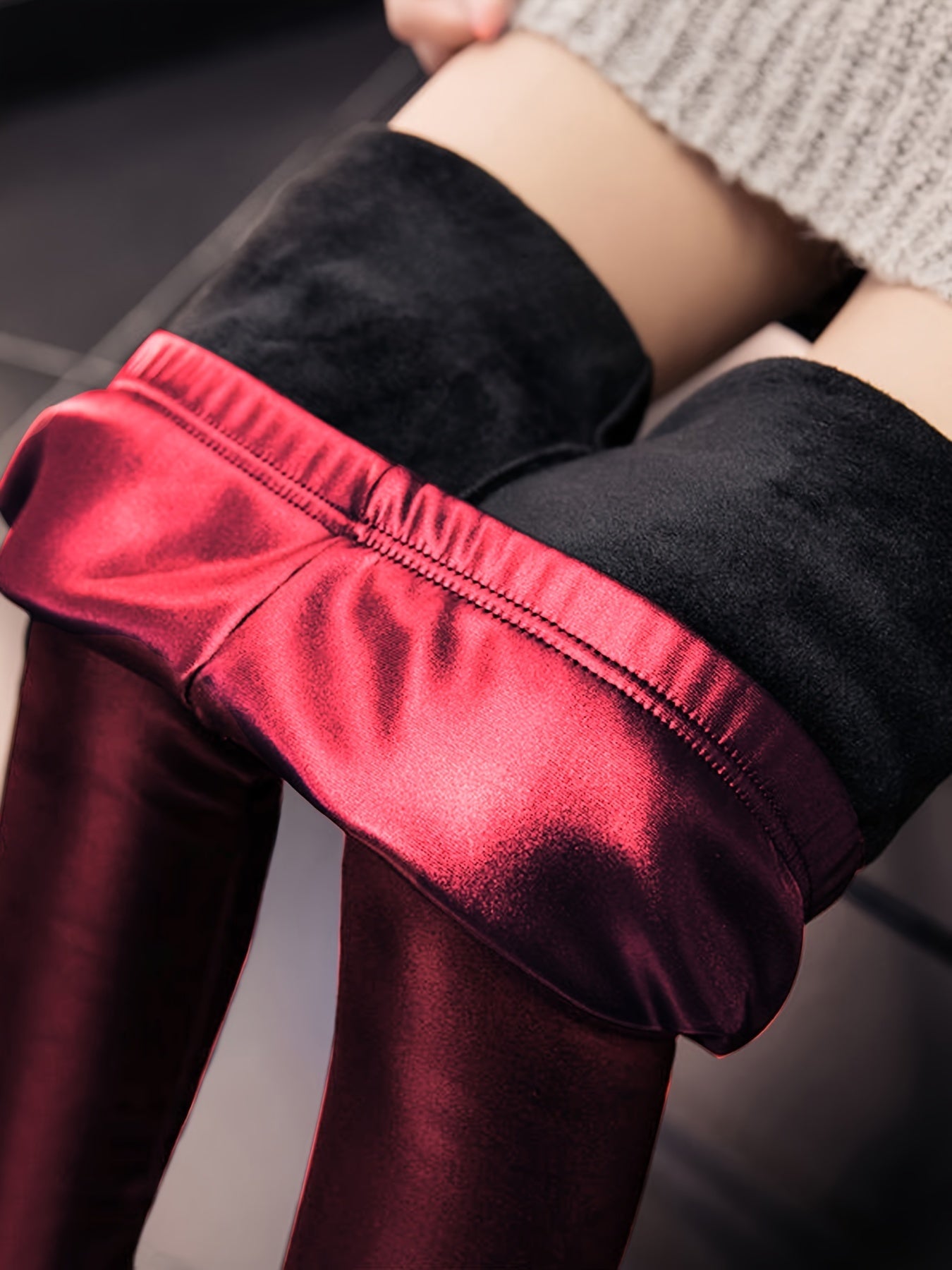  Solid Liner Fleece PU Leather High Rise Skinny Trousers