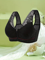  Leaf Jacquard Zipper Front Lace Bra