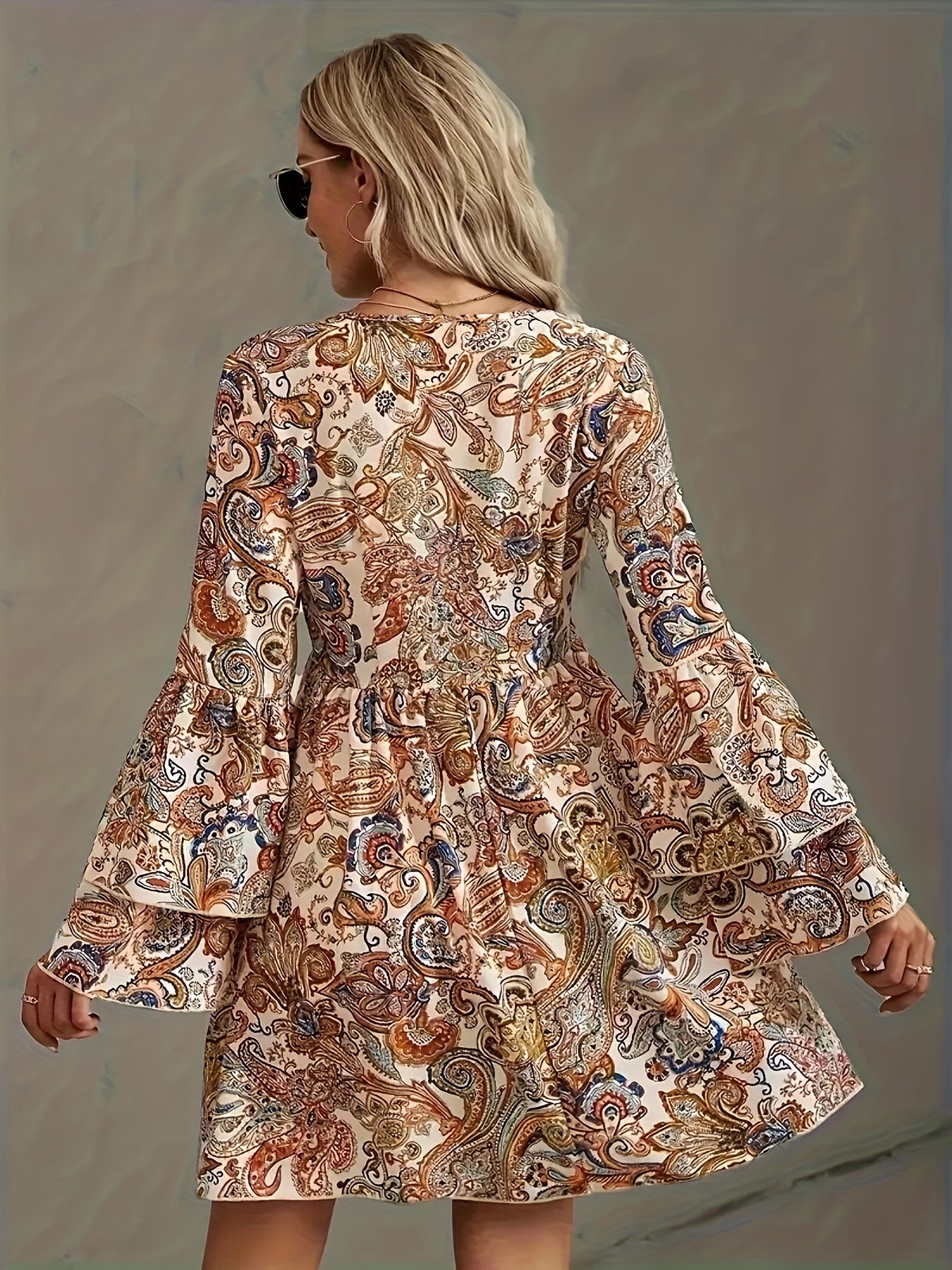  Boho Dress Women's Plus Paisley Floral Print Bell Sleeve V Nec