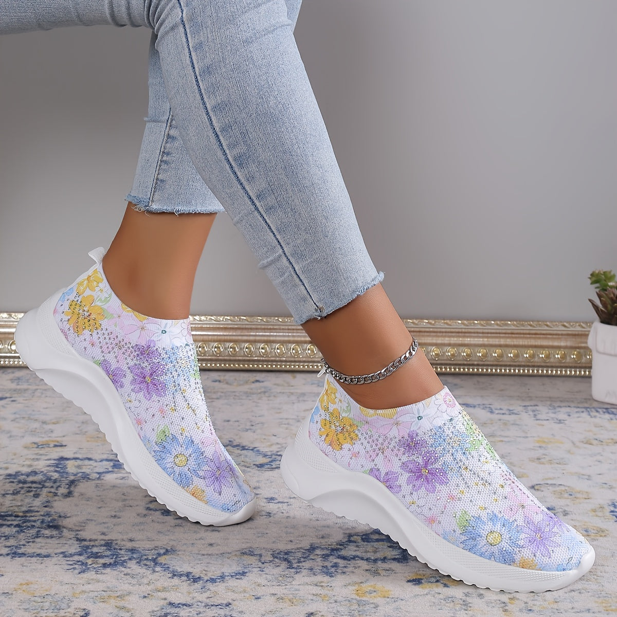 Women's Floral Sock Shoes Rhinestone Decor Slip On Sneakers