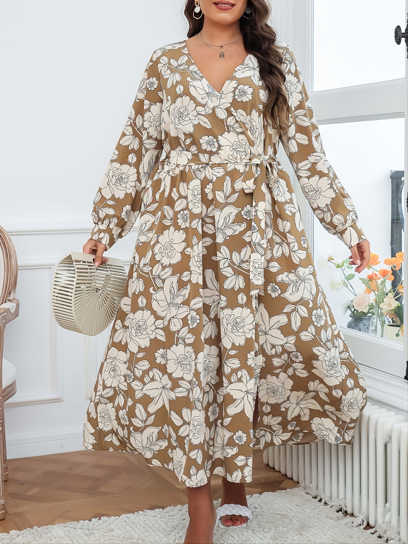 Floral Print V Neck Maxi Wrap Dress Plus Size