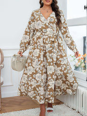 Floral Print V Neck Maxi Wrap Dress Plus Size