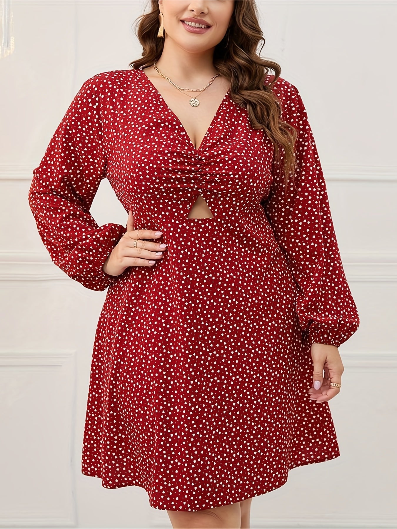  Heart Print Lantern Sleeve Dress