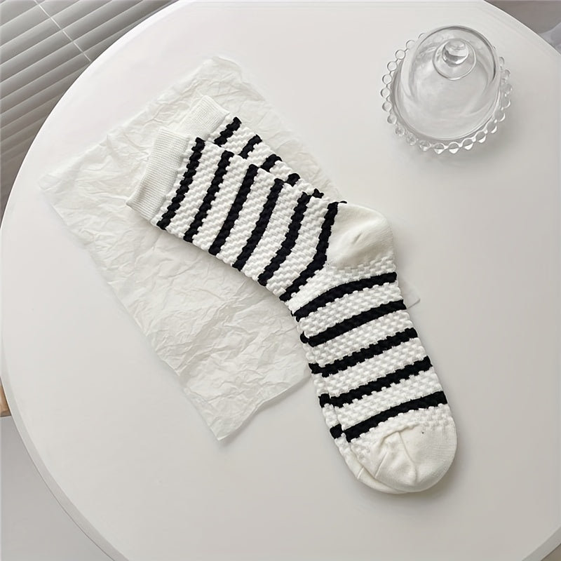Colorblock Stripe Textured Socks Breathable Mid Tube Stockings