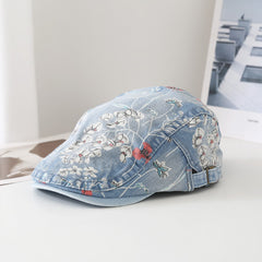 Y2K Floral Print Beret Denim Vintage Women Peaked Cap