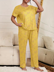  Floral Print Pajama Set Short Sleeve Top & Pants Two Piece Set