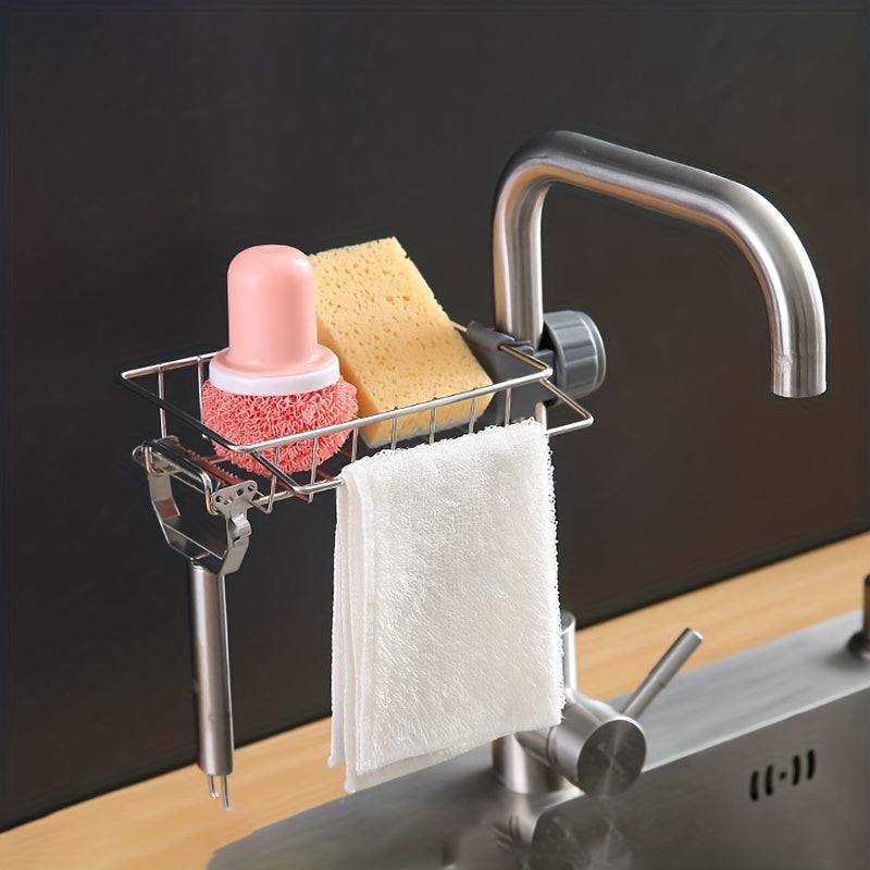 Kitchen Stainless Steel Faucet Rack with Hanging Basket