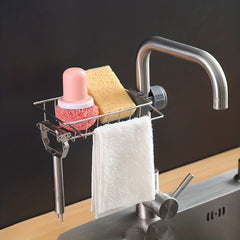 Kitchen Stainless Steel Faucet Rack with Hanging Basket