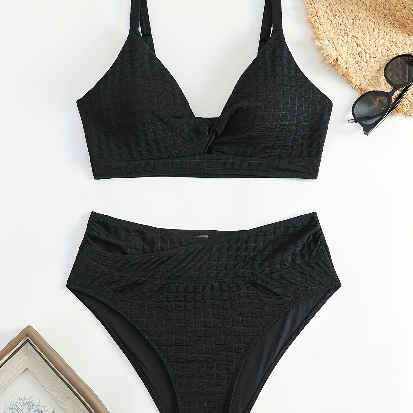  Solid Waffle Knit Twist Front Bra & Panty Swimsuit Set
