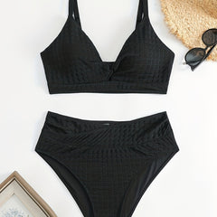  Solid Waffle Knit Twist Front Bra & Panty Swimsuit Set