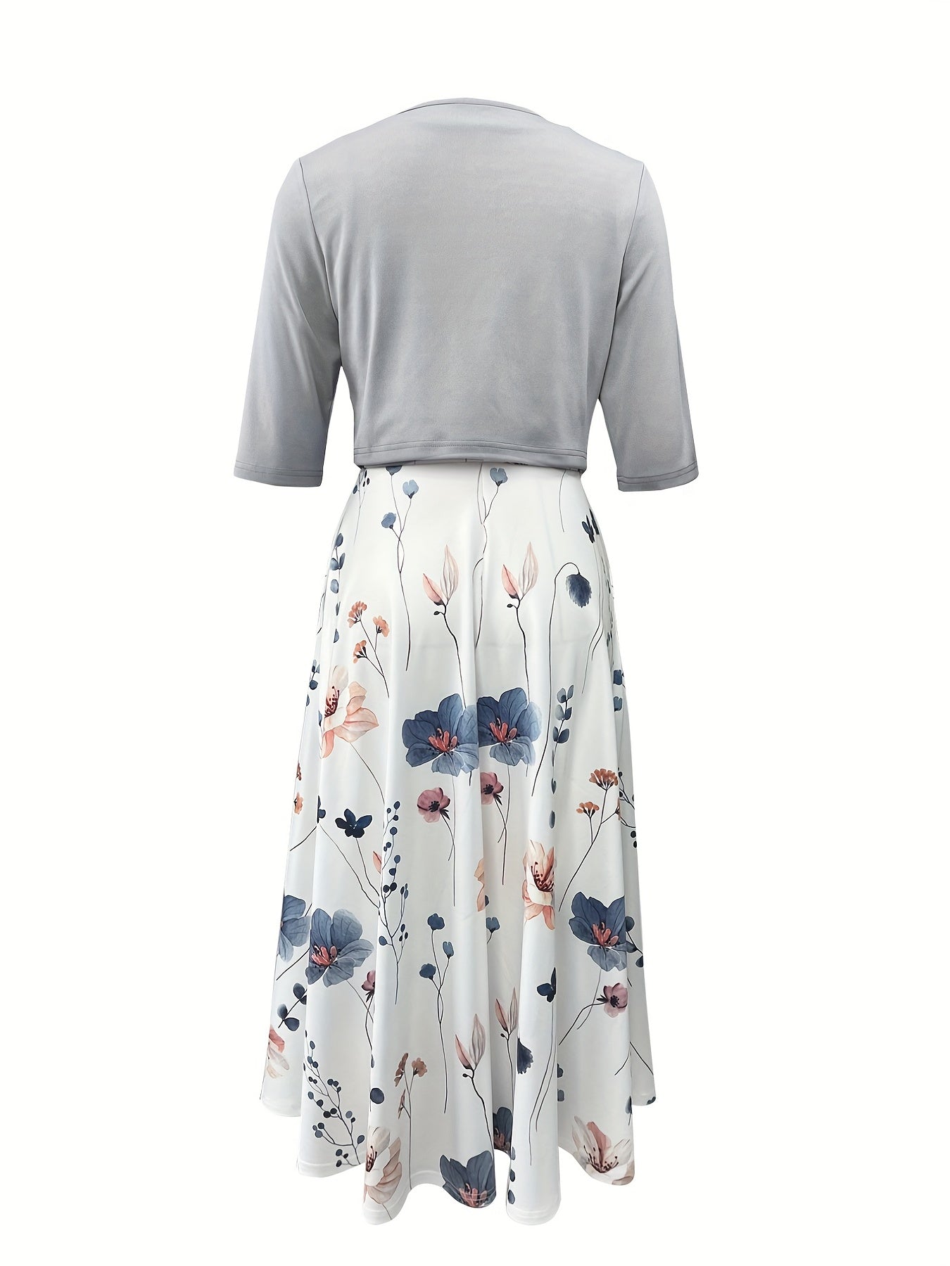 Spring & Summer Two Piece Set Floral Print Midi Dress & Solid Open Front Top