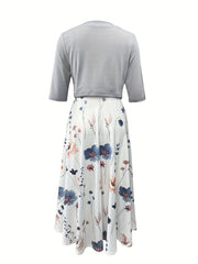 Spring & Summer Two Piece Set Floral Print Midi Dress & Solid Open Front Top