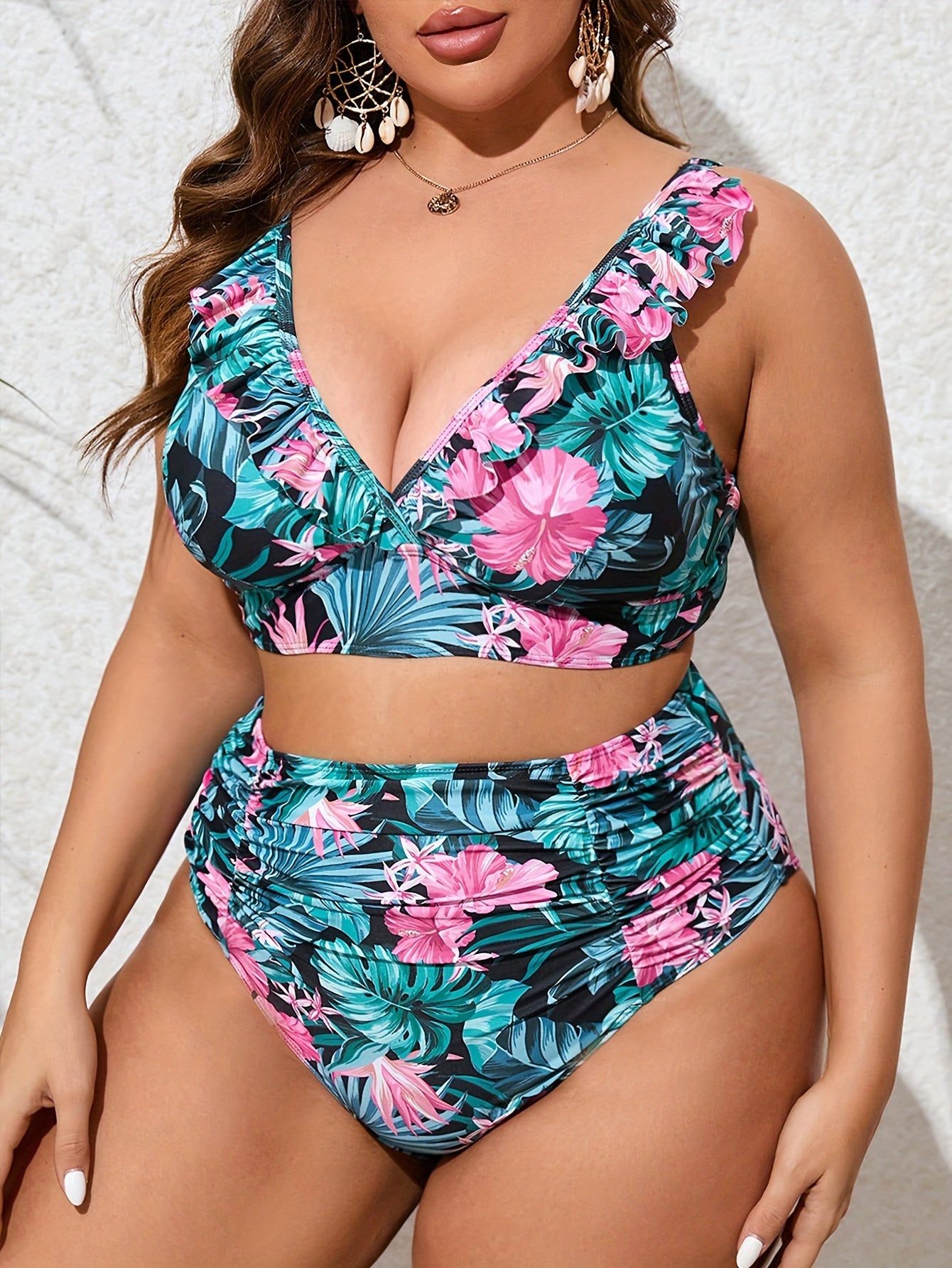  Tropical Print Bikini Set with Ruffle Trim V Neck Cami Top & Underwear