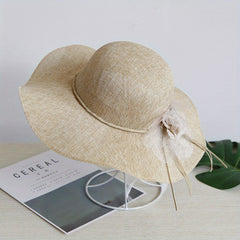 Wide Brim Beach Hat Lace Flower Rope Knot Sun Hat Solid Sunscreen Bucket Hat