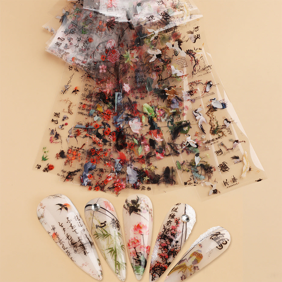 10 Pcs Chinese Characters Nail Foil Bamboo Leaf Art