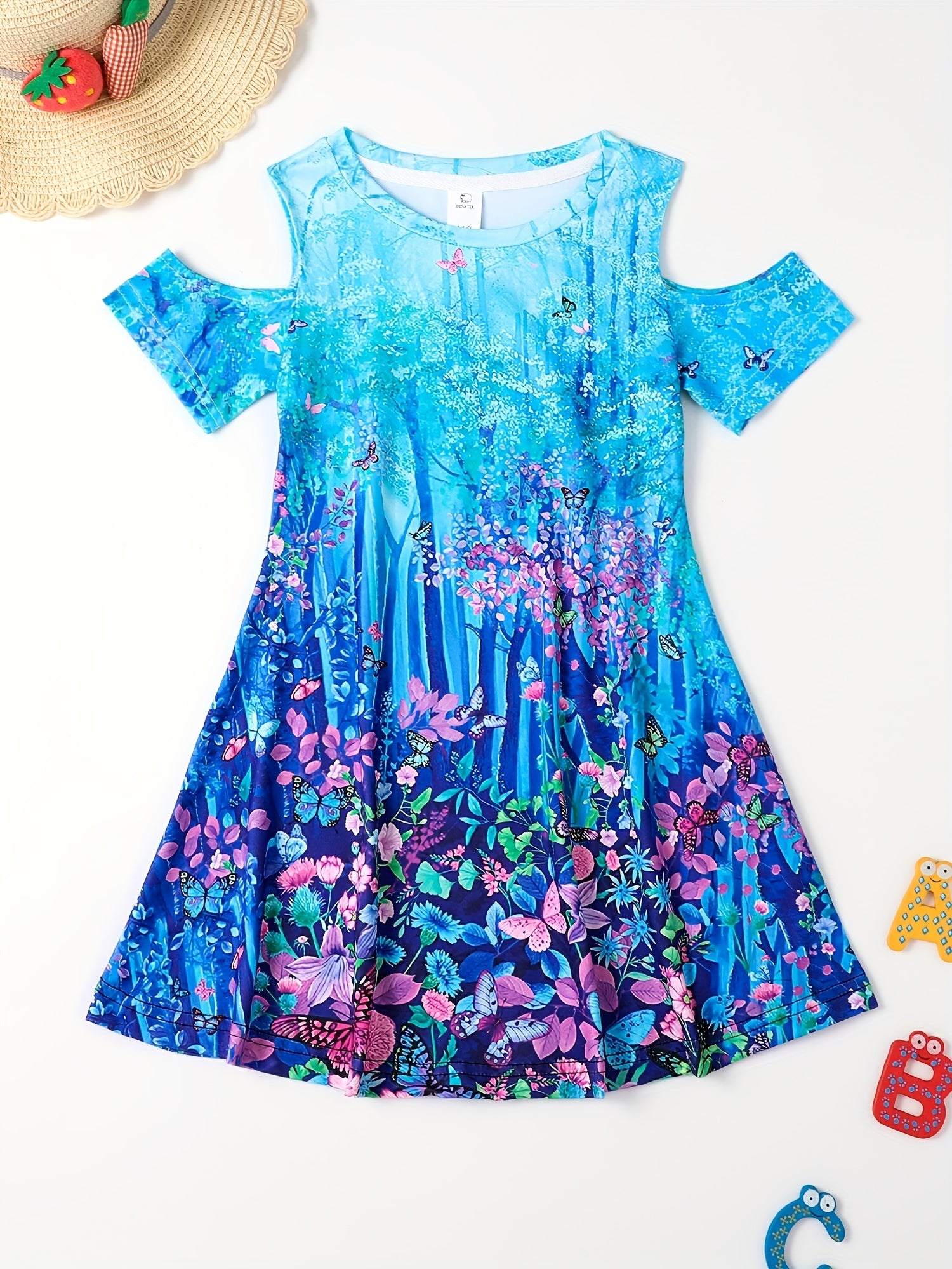 Girls Dreamy Forest Cold Shoulder Dress for Summer Party