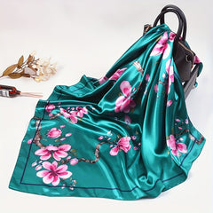 Peach Blossom Print Silk Bandana Satin Scarf for Women