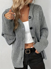  Solid Button Up Hooded Cardigan