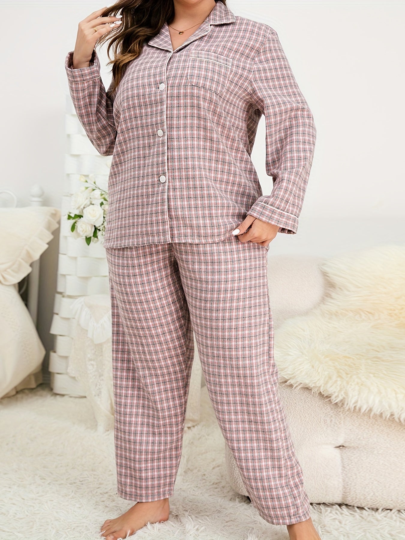  Plaid Print Long Sleeve Pajama Set for Women