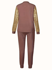 Women's Plus Heart Print Glitter Sequin Decor Top & Jogger Pants Outfit Set