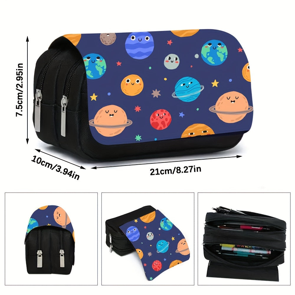 Space Theme Pencil Case with Double Zippers for School Supplies Storage