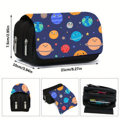 Space Theme Pencil Case with Double Zippers for School Supplies Storage
