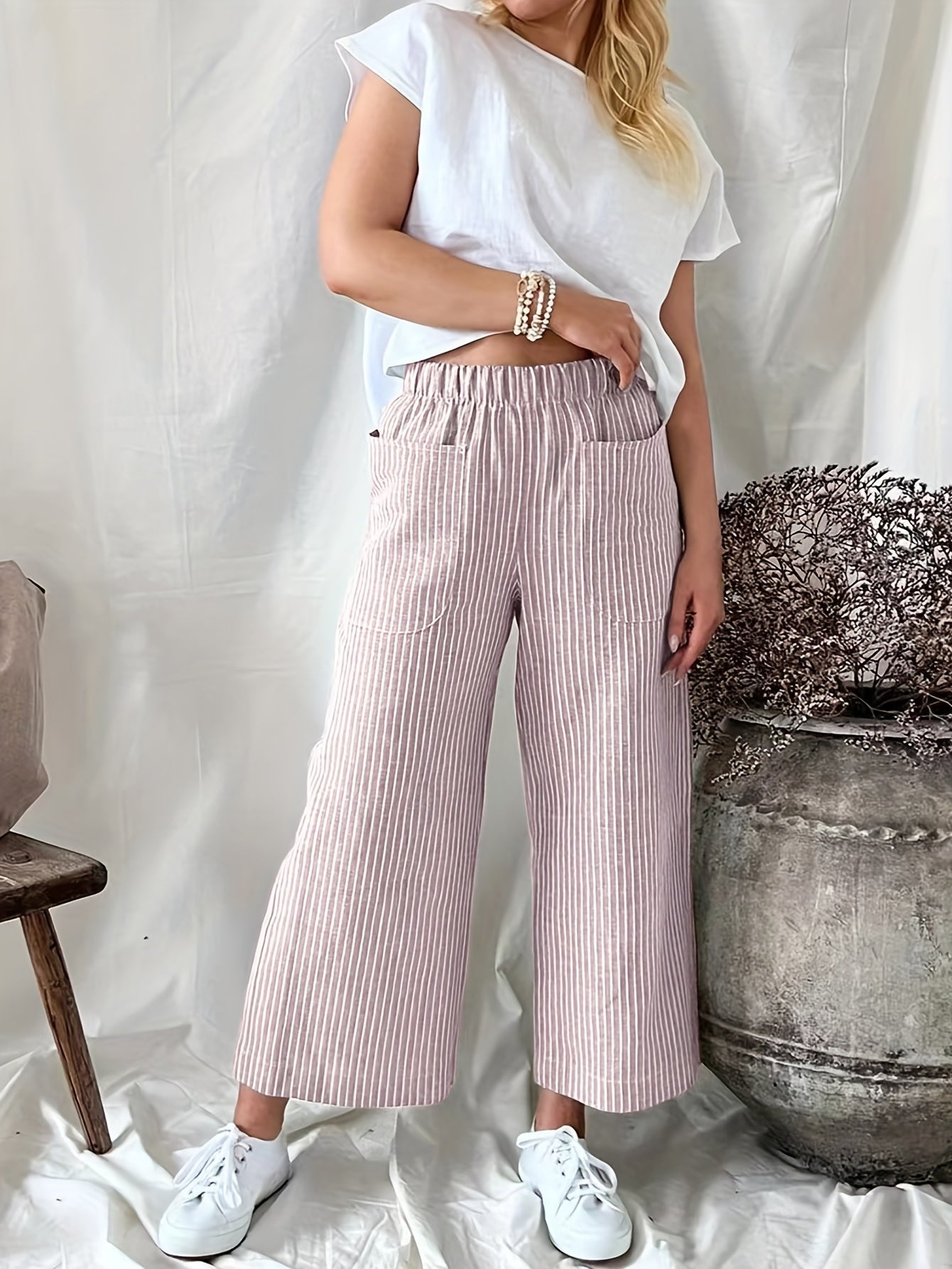  Striped Print High Rise Straight Leg Trousers