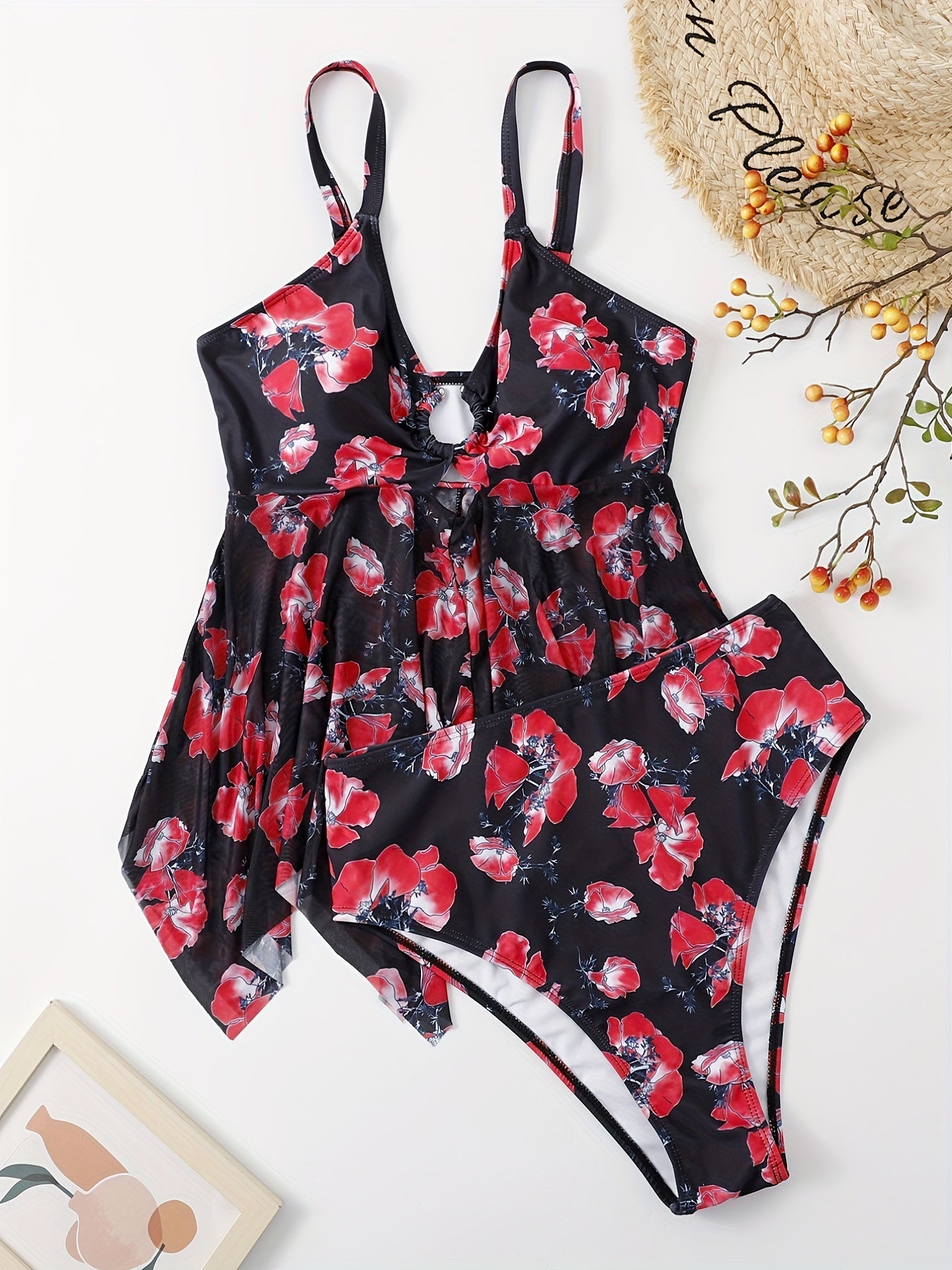  Floral Print Tankini Set Women's Ring Cut Out Swimsuit Two Piece Set