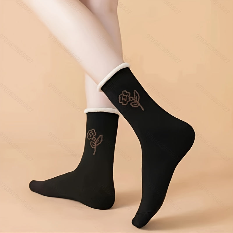 5 Pairs Women's Winter Floral Pattern Mid Calf Socks
