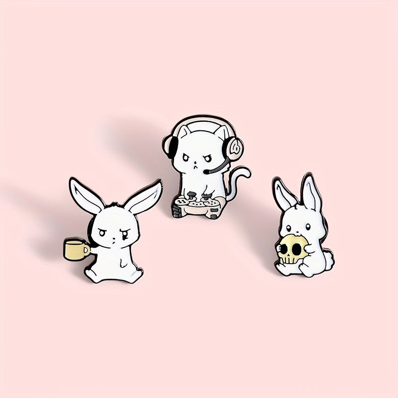 Rabbit Cat Enamel Pins Eating Skull Drink Play Games Cartoon Brooches
