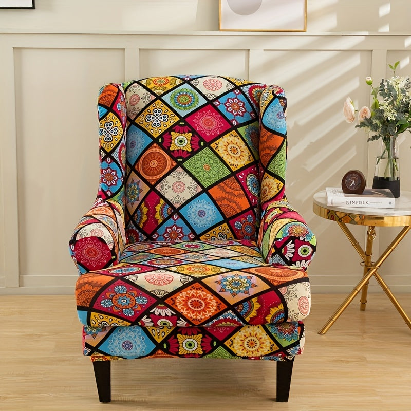 2pcs Wingback Chair Slipcover Spandex Printed Fabric Furniture Protector