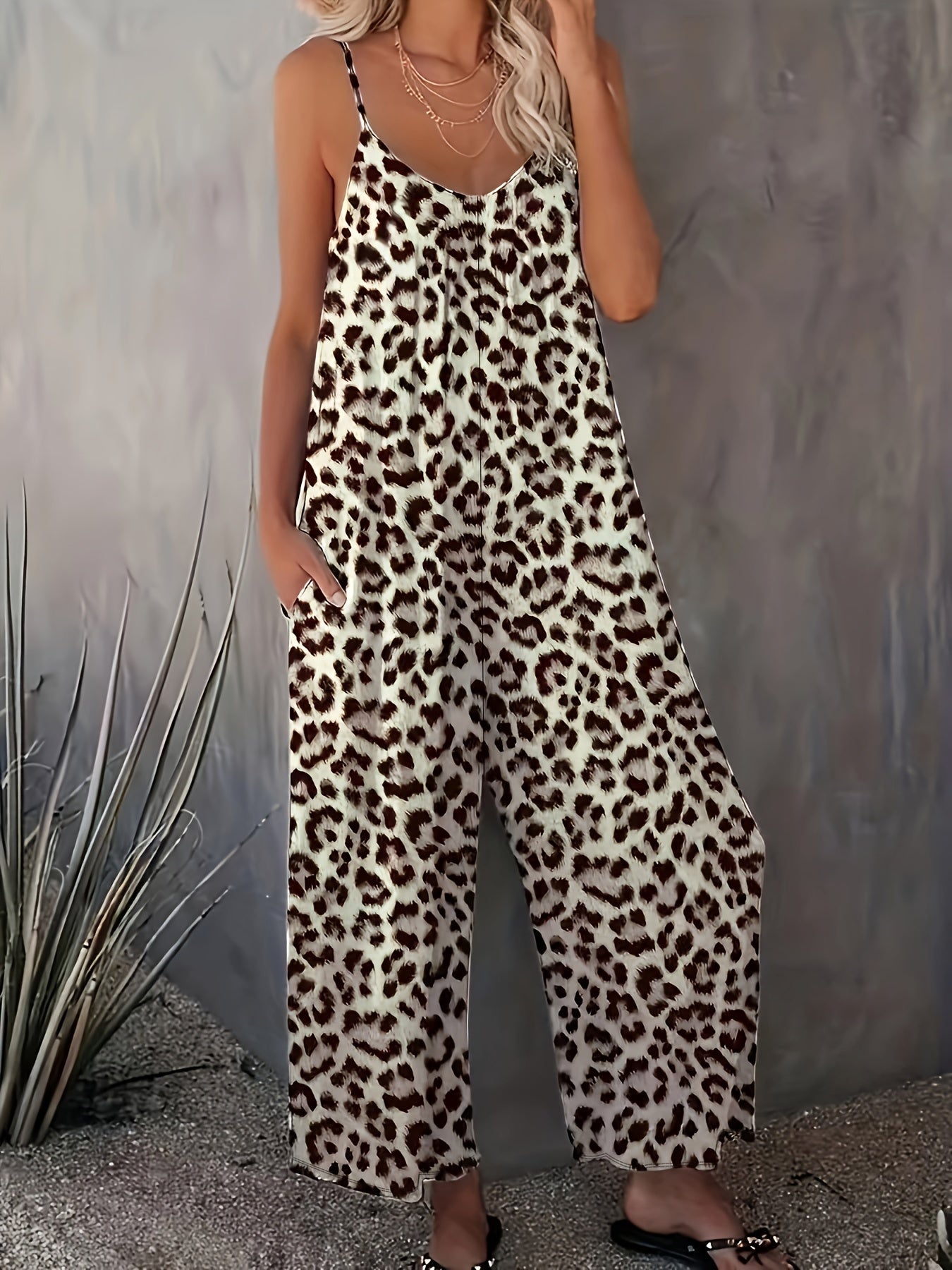  Leopard Print Cami Jumpsuit with Pockets