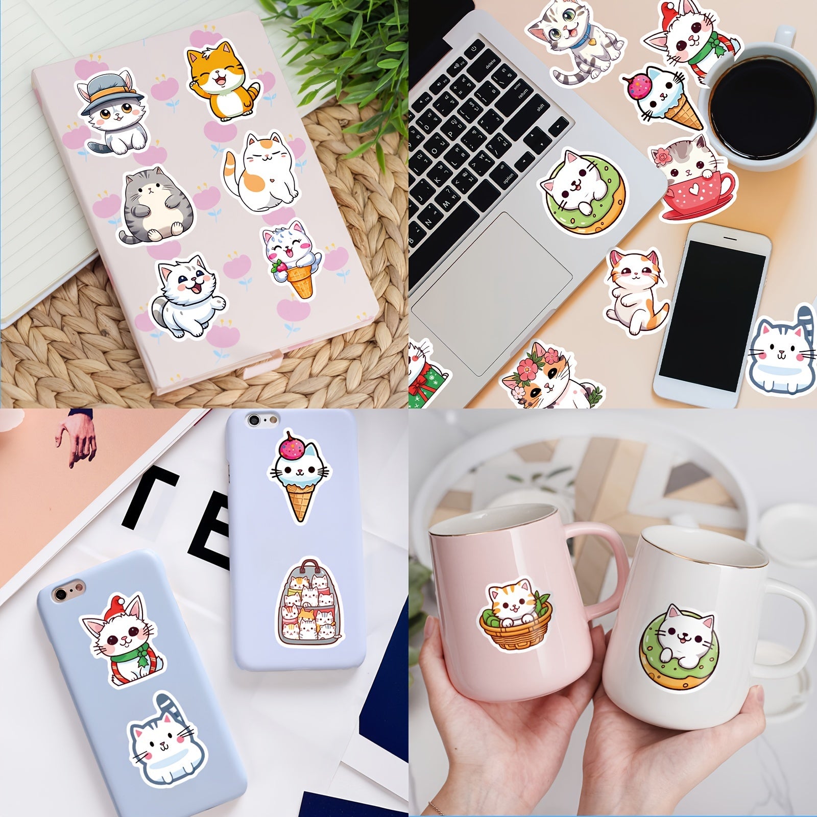 50pcs Cat Stickers Pack Waterproof Vinyl Cartoon Cat Stickers
