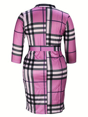  Plaid Long Sleeve Dress With Belt