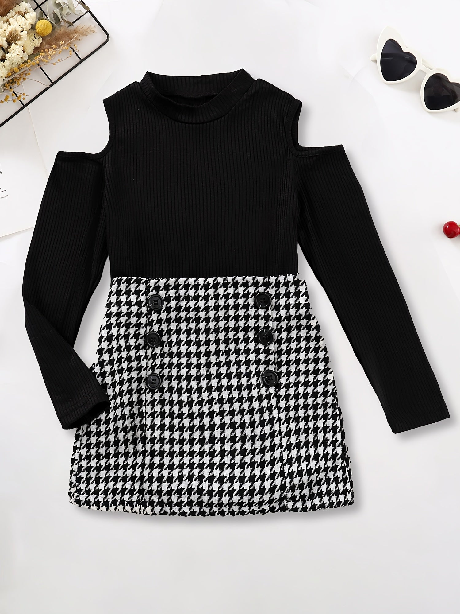 Girls Cold Shoulder Long Sleeve Top Houndstooth Skirt Set