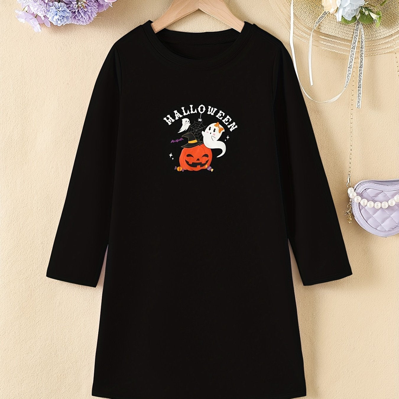 Girls' Halloween Pumpkin Print Long Sleeve A line Casual Dress