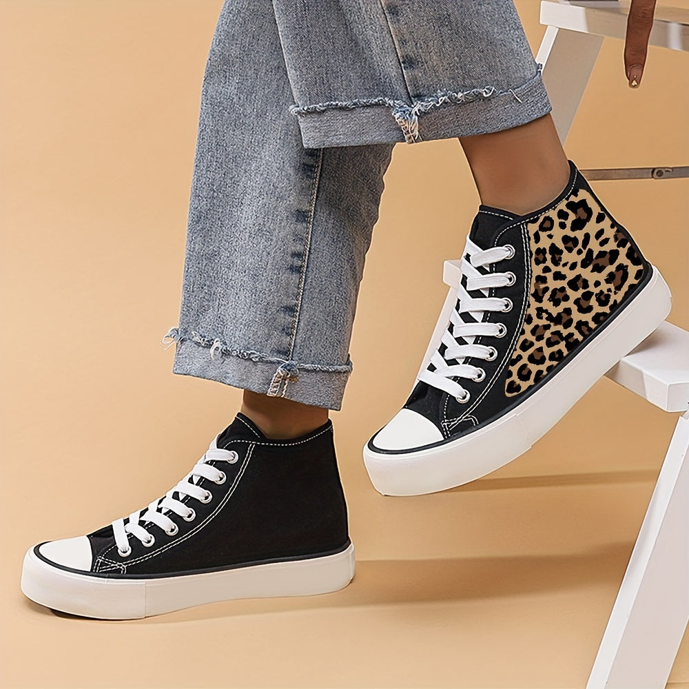 Leopard Pattern Canvas Shoes Lace Up Comfort High Top Outdoor Shoes
