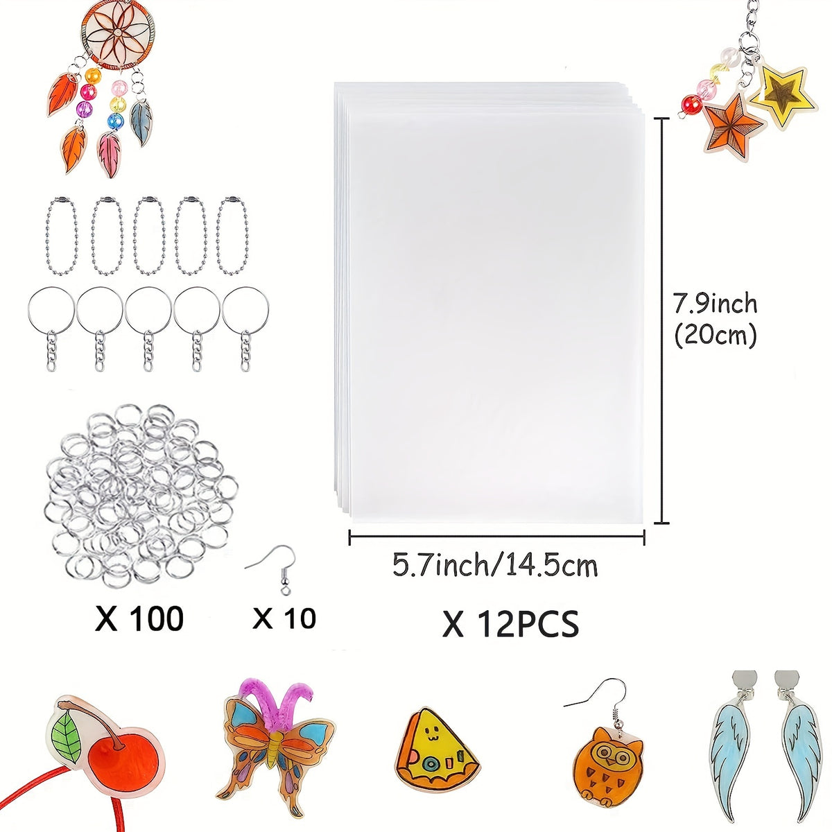 132pcs Shrink Plastic Sheets & Keychain Charms Kit