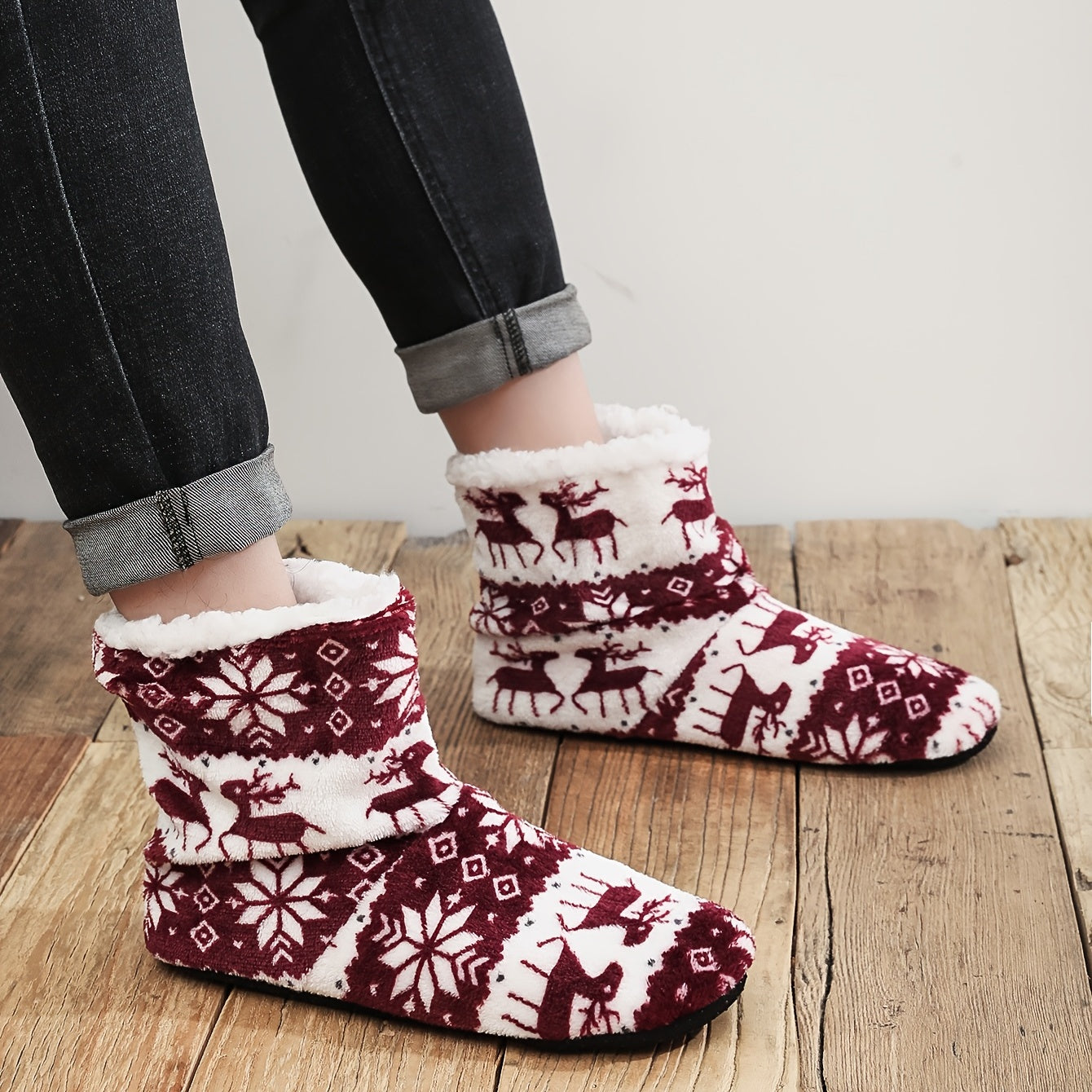 Men's Christmas Slipper Socks Elk Snowflake Pattern Fleece Thermal House Shoes