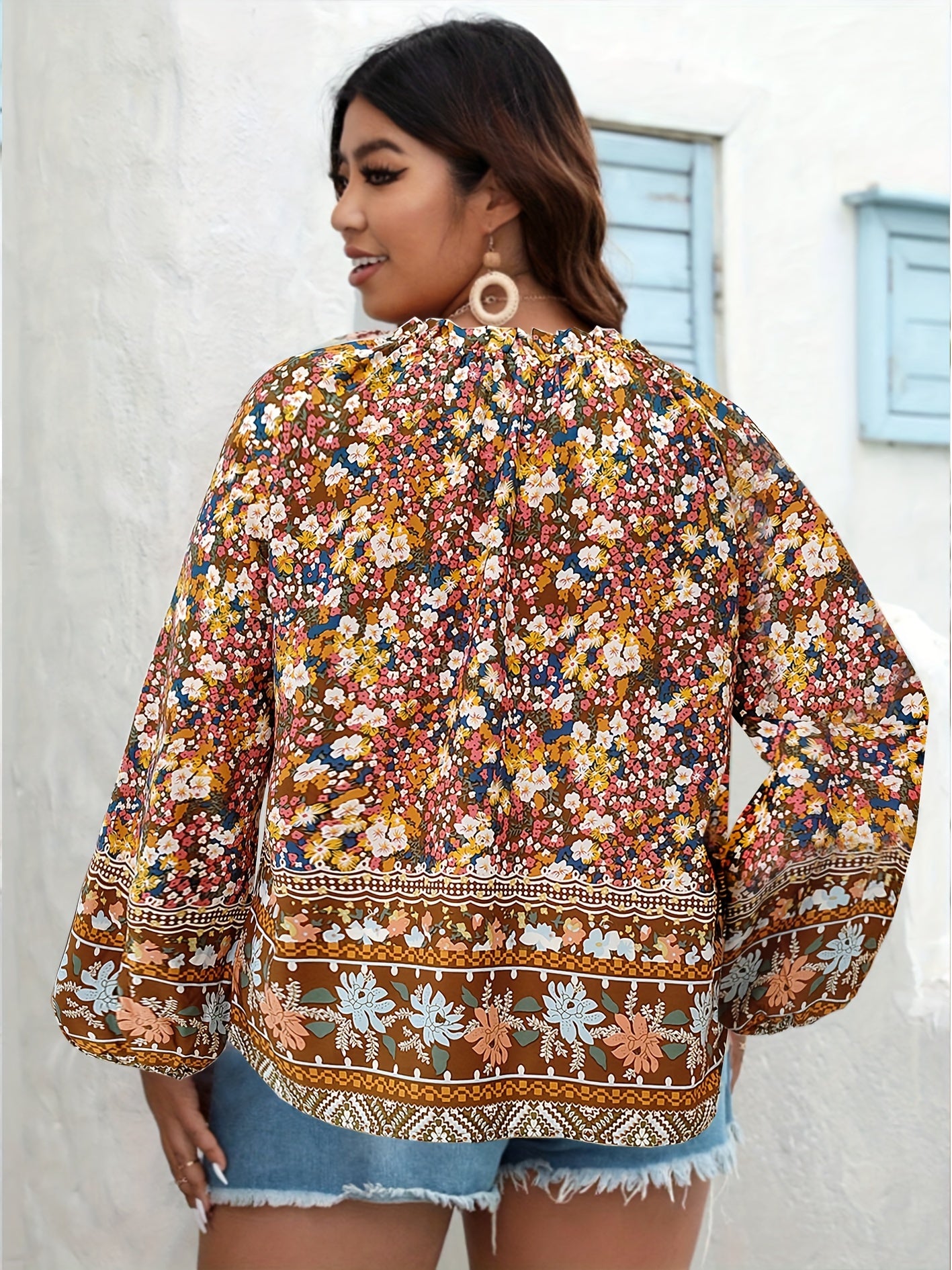  Ditsy Print Long Sleeve V Neck Top
