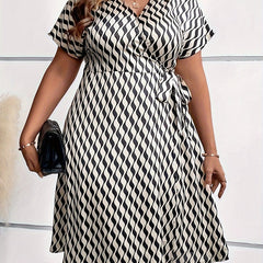  Stripe Print Short Sleeve Surplice Neck Knot Midi Dress
