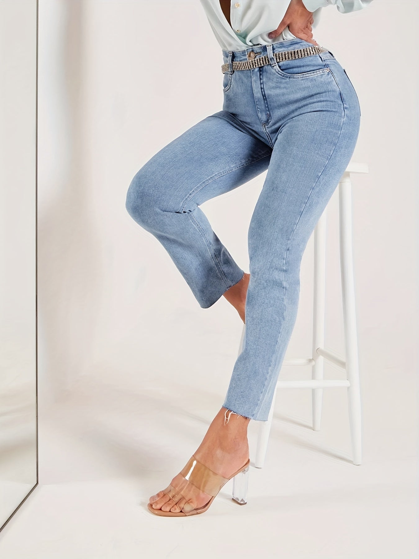 Medium Stretch Slim Fit Cropped Jeans Solid Washed Denim Pants