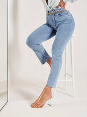 Medium Stretch Slim Fit Cropped Jeans Solid Washed Denim Pants
