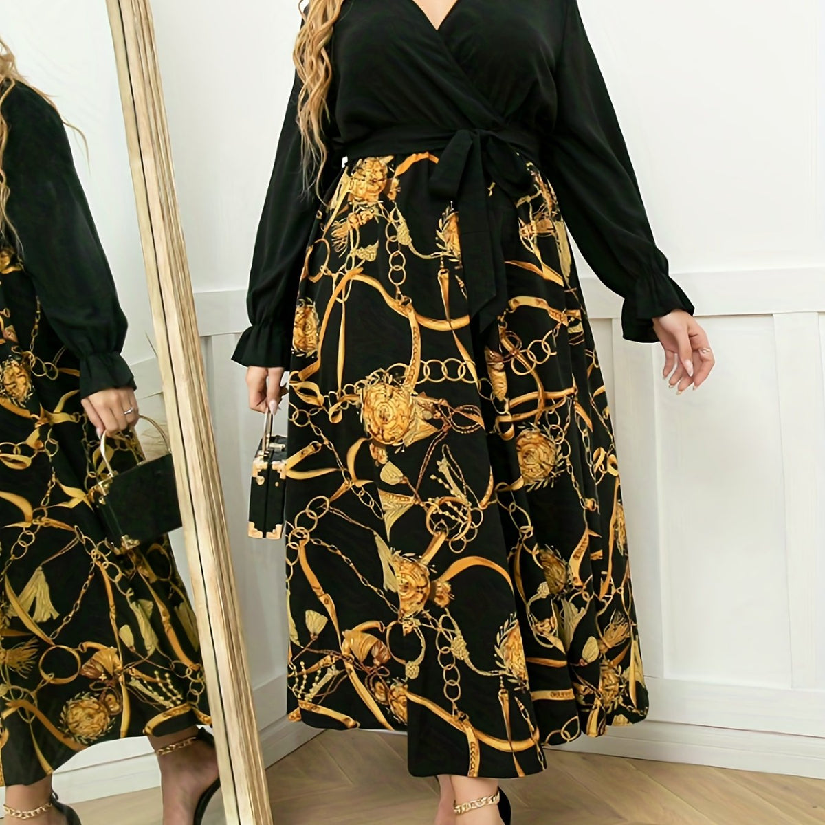 Chain Print Ruffled Surplice Neck Dress With Belt