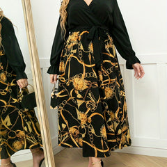 Chain Print Ruffled Surplice Neck Dress With Belt