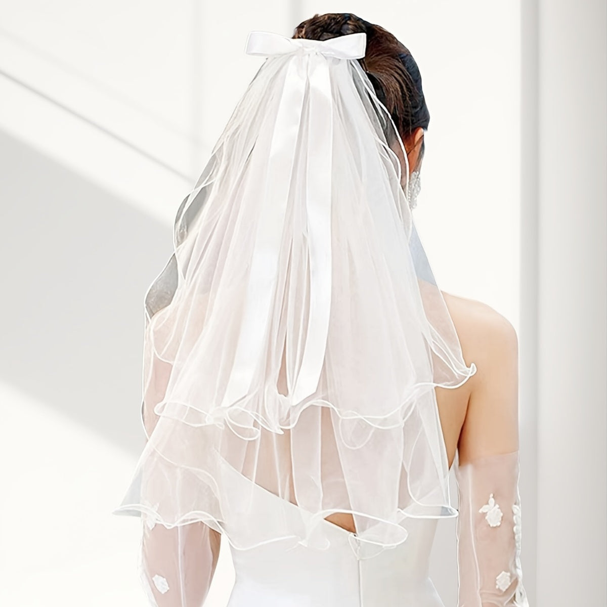 Women'S Double Layered Bow Headscarf Sheer Veil Wedding