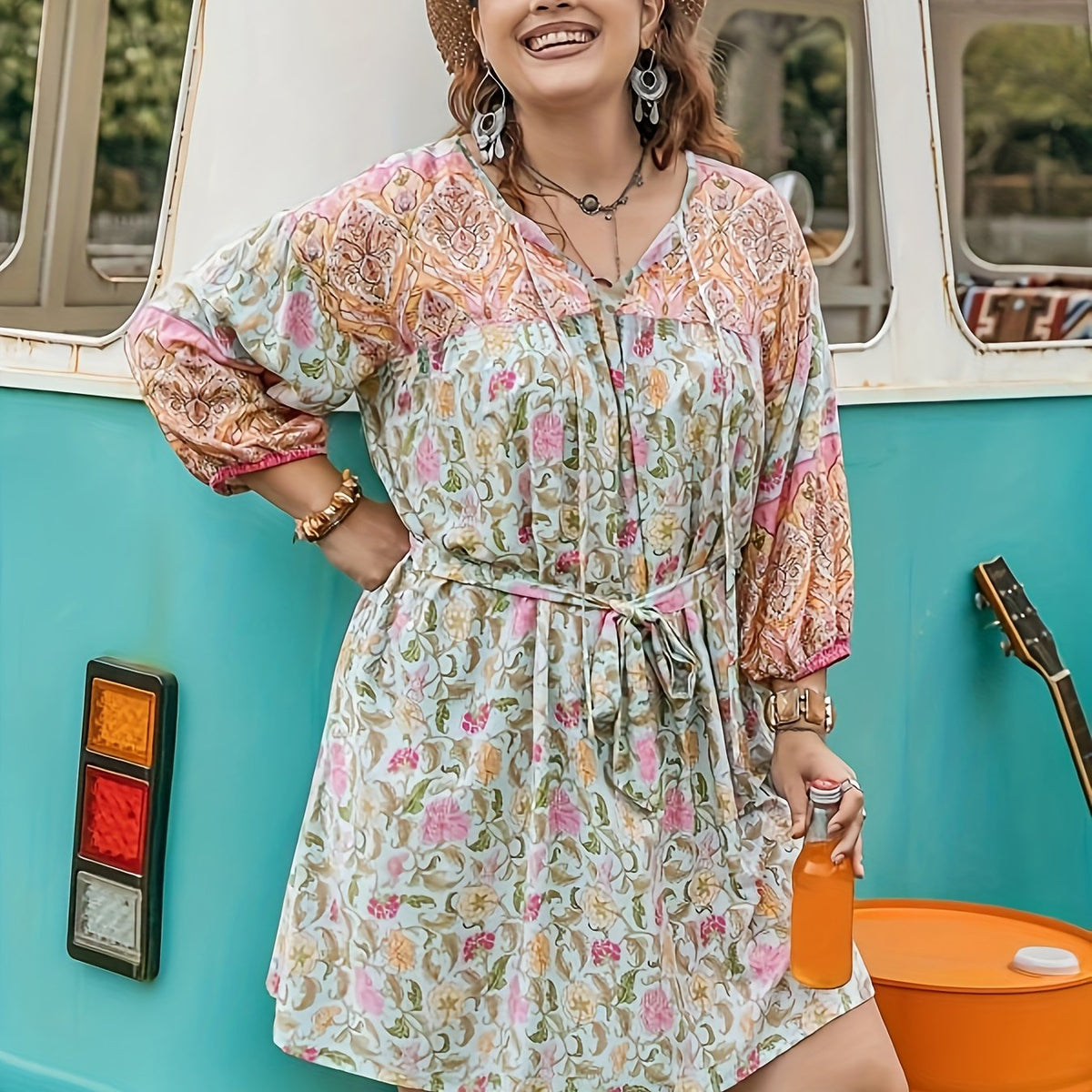  Colorblock Floral Print Lantern Sleeve Mini Dress With Belt
