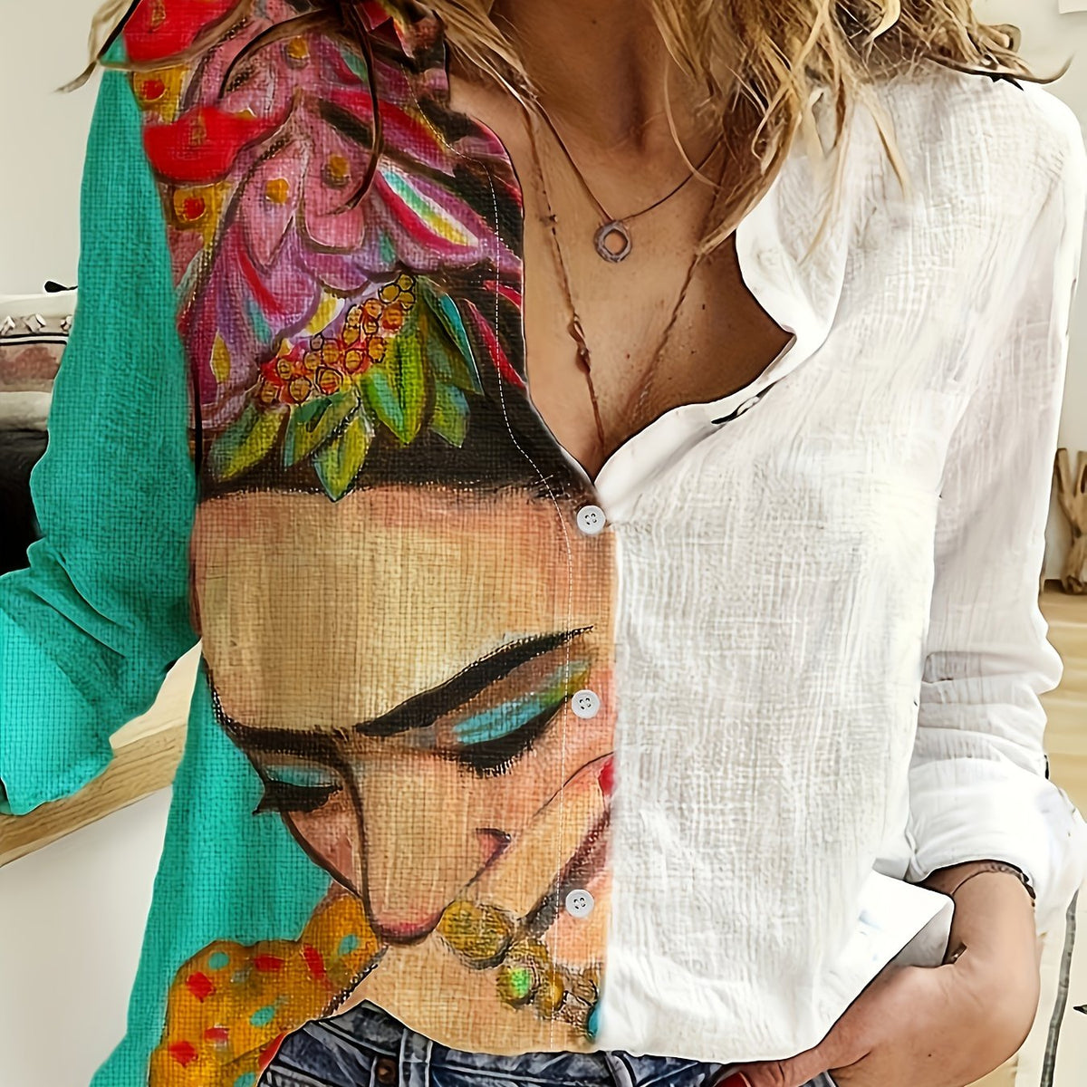  Colorblock Cartoon Print Button-Up Casual Blouse