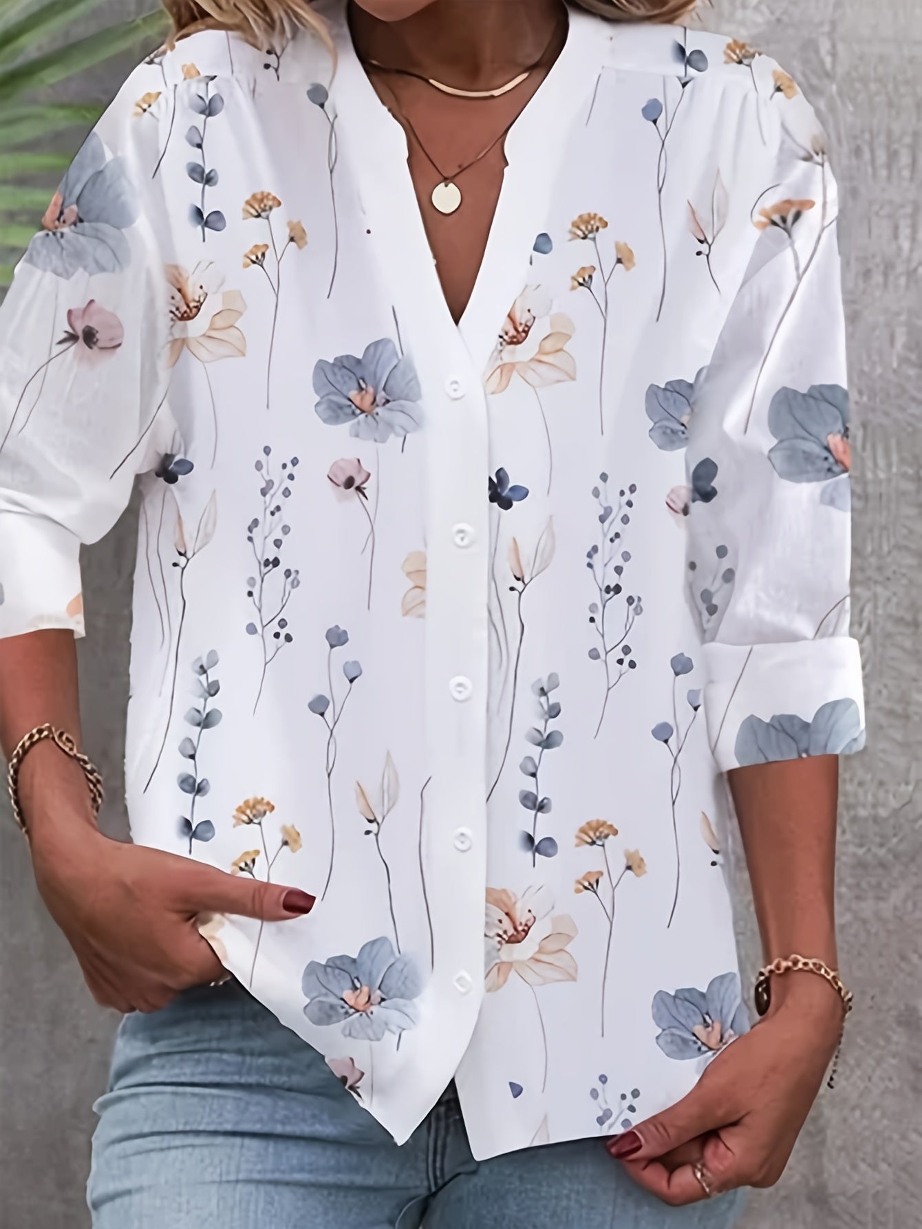  Floral Print Button Up Long Sleeve Blouse